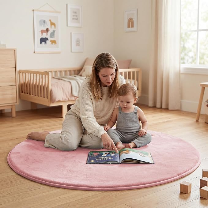 Baby Play Mat for Floor,1.3" Thick Elasti-Foam 47in Round Mat for Tummy Time,Non-Toxic Certified Water Repellent Soft Coral Velvet for Toddler,Infant,Kids,Non-Slip Backing Safe for Crawling(Pink)