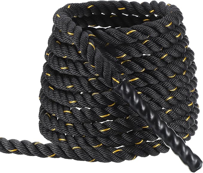 MECCANIXITY Battle Rope 20ft x 1 Inch Polyester Workout Rope Heavy Fitness Exercise Rope for Strength Training Home Gym Muscle Building, Black Yellow