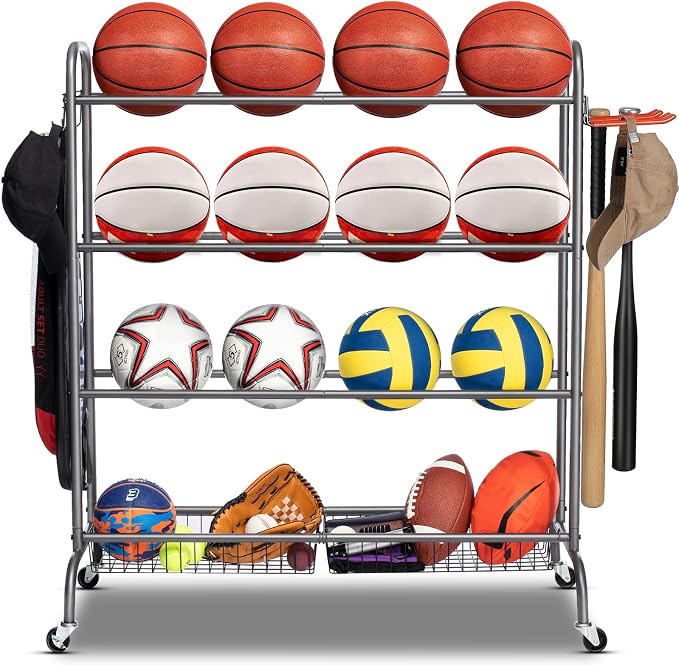 EXTCCT Basketball Rack, Rolling Basketball Shooting Training Stand,Sports Equipment Storage with Wheels, Four-Layer Organizer Holder with Two Basket for Basketballs Footballs Volleyball