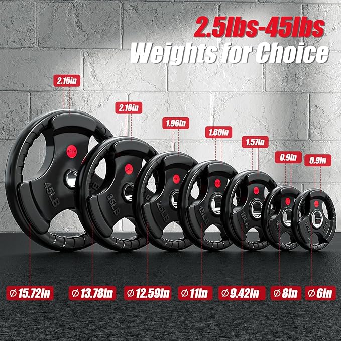 Gikpal Olympic Weight Plates, 2-Inch Three-Grip Rubber Coated Barbell Plates with Steel Hub, Cast Iron Weights for Strength Training & Home Gym, Pair or Sets (2.5–45LB)