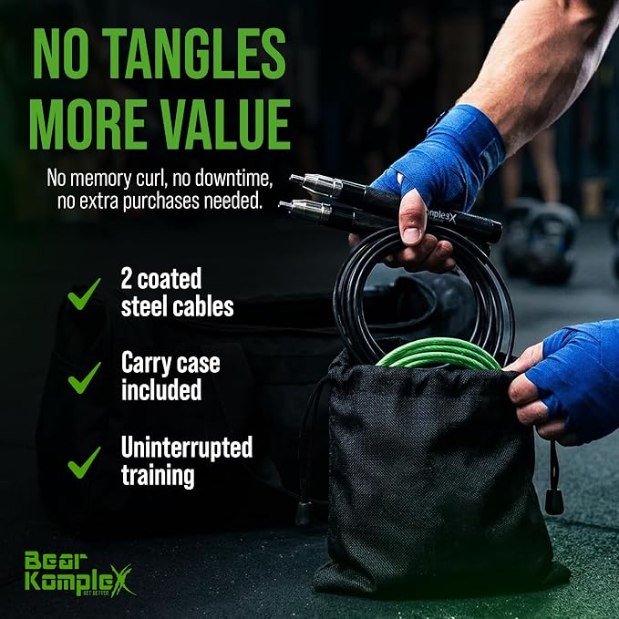 Bear KompleX Speed Jump Rope - Adjustable Tangle-Free Skipping Rope, Lightweight Handles, Smooth 360° Swivel Bearings, 2 Steel Cables, Free Carrying Case
