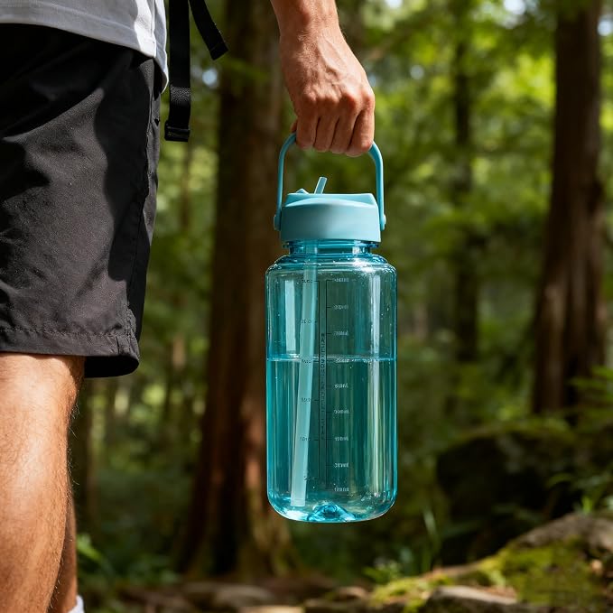 OLDLEY 32oz Water Bottle with Straw,Leakproof Tritan Clear Bottle with Marked Bottle and Carry Handle, BPA-Free Wide Mouth Reusable Sports Water Bottle for Gym,Hiking, Camping,Travel,Workout,Surfer