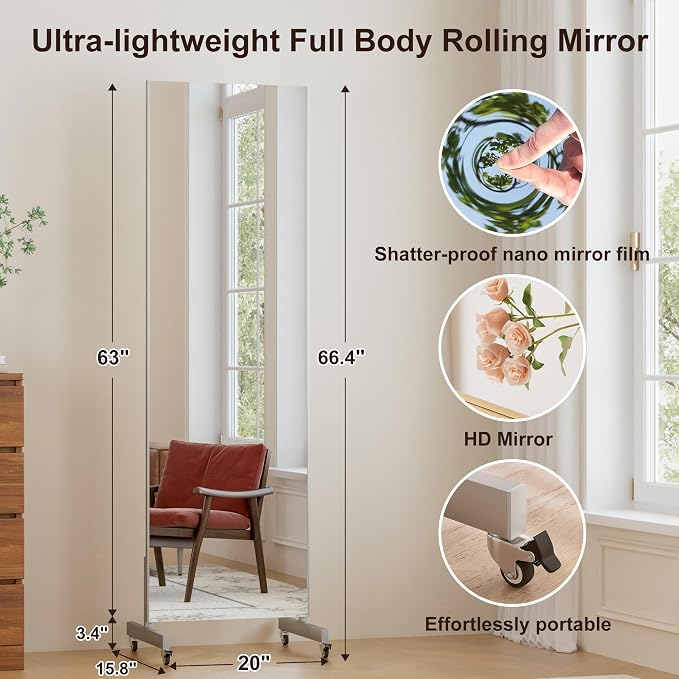 brisafe 63"x20" Ultra-Light Mobile Floor Mirror with 360° Wheels, 0.04mm Shatterproof Nano Film for Home Gym/Yoga/Dance Studio & Commercial Use | 60% Insurance Savings | Silver