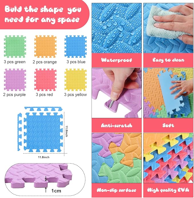 Shihanee Foam Floor Tiles Foam Floor Mats Play Mats Bulk with Borders Interlocking for Bedroom Gym Nursery(11.8 x 11.8 Inch,Colorful)