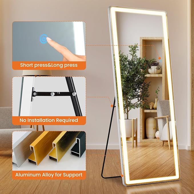 NEWBULIG 71"x26" LED Full Length Mirror, Full Body Standing Mirror, White | Leaning or Standing, Tempered Glass, Aluminum Alloy Thin Frame Floor Stand for Bedroom, Cloakroom