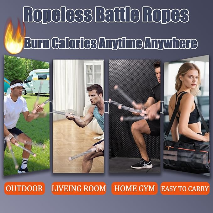 2nd Gen Ropeless Battle Ropes for Home Gym, Heavy Duty Portable Cordless Battle Ropes with Integrated Spring (No Screws), Weighted Exercise Rope for Men & Women, HIIT Workout Equipment