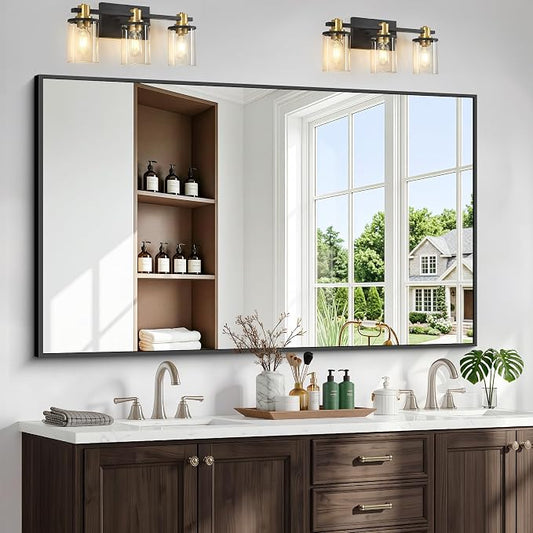 60"x36" Bathroom Mirror for Over Sink, Large Black Rectangle Mirrors for Wall, Black Framed Rectangular Mirror for Living Room Bedroom Bathroom, Hangs Horizontally or Vertically