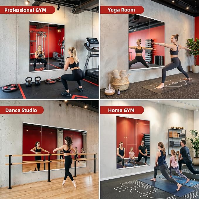 Home Gym Mirror for Wall, 60"x25"-2PCS Frameless Tempered Glass Mirror | Large Full Length Mirror for Garage, Workout, Yoga Room, Dance Studio & Home Exercise