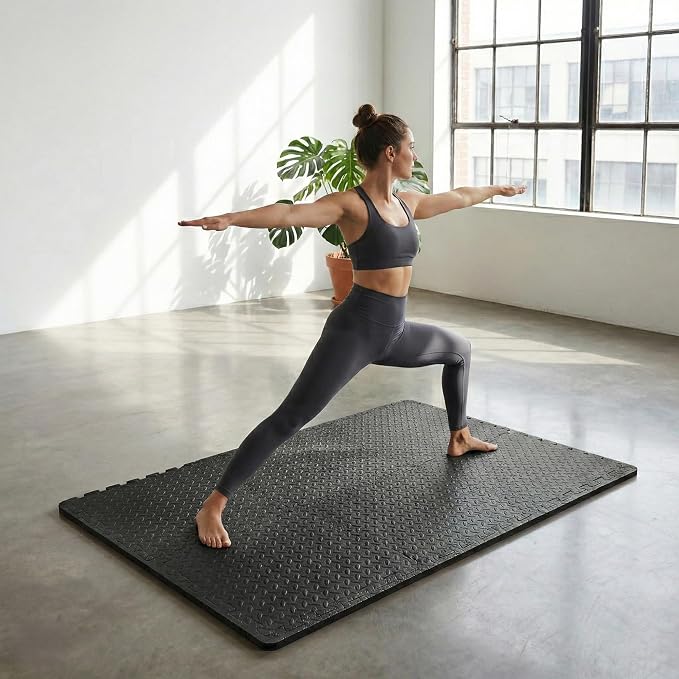 BalanceFrom Puzzle Exercise Mat 3/4" Thick, EVA Interlocking Foam Floor Tiles for Home Gym, Mat for Home Workout Equipment, Floor Padding for Kids, Black, 24 in x 24 in x 3/4 in, 24 Sq Ft - 6 Tiles | 7.5-10 Ft Adjustable Height - Indoor and Outdoor Hoo...