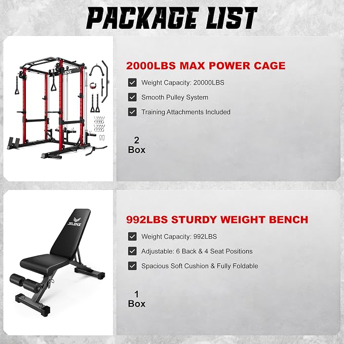 JELENS C12 Power Rack, 2000LBS Squat Rack with Cable Crossover System, Workout Cage with More Training Attachments for Home Gym