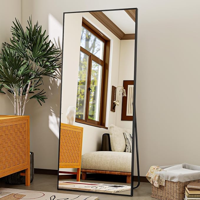 VooBang Mirror Full Length - 21" x 57" Floor Mirror with Stand Black | Aluminum Alloy Frame Full Body Dressing Mirror, Standing Hanging or Leaning Against Wall for Bedroom Living Room