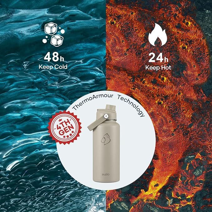 BUZIO Insulated Stainless Steel Water Bottle 32 oz with Straw & Spout Lids | Triple Wall Insulated Tumbler (Dishwasher Safe) ,Cold for 48 Hrs/Hot for 24 Hrs, Leakproof, BPA-free, for Sports, Gym, School