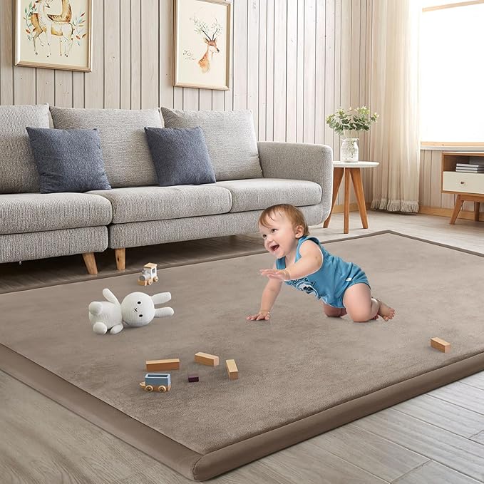 Baby Play Mat for Floor Nursery Rug Muscle Mat Area Rug Playroom Rug 65"x50" Playpen Mat Elastic Foam 1.3" Thick Crawling Mat for Babies,Toddlers, Infants, Kids,Camel