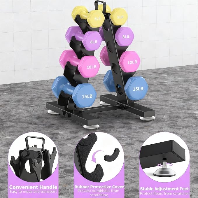 TomCare 6-Tier|5-Tier|4-Tier|2-Tier Dumbbell Rack Stand Only for Home Gym | Stable A-Frame, Fits 5–35 lb Dumbbells, Protective Padded Cradles, Adjustable Feet, Easy-Carry Handle (Stand Only)