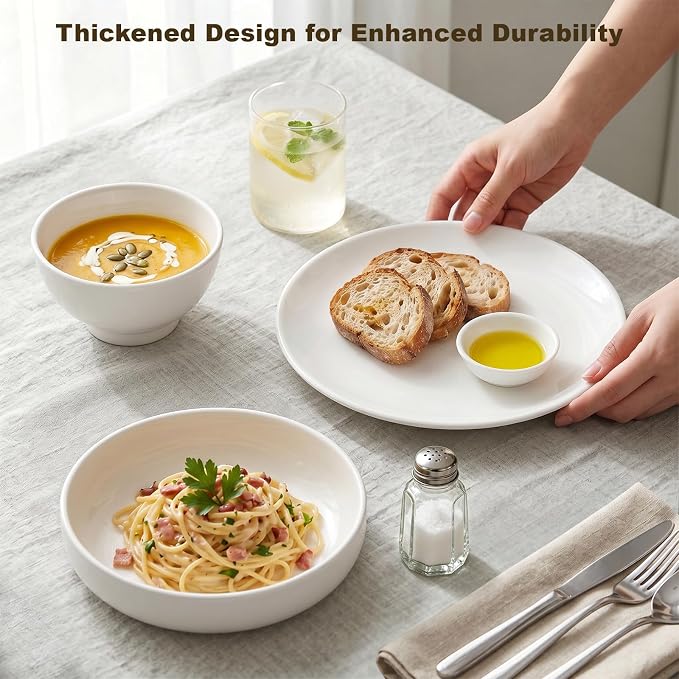 12-Piece New Bone China Dinnerware Set for 4, Lightweight White Plates & Bowls, Stackable, Microwave & Dishwasher Safe, 10" Dinner Plates, 8" Pasta Bowls & 6" Everyday Bowls