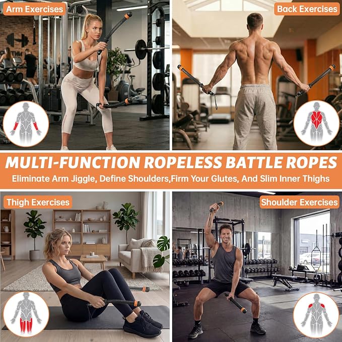 Black Cordless Battle Ropes, Adjustable Weight for Men & Women | Upgraded Ropeless Battle Ropes for Home Gym, Portable Arm Exerciser for Strength Building, HIIT & Low-Impact Aerobic Training