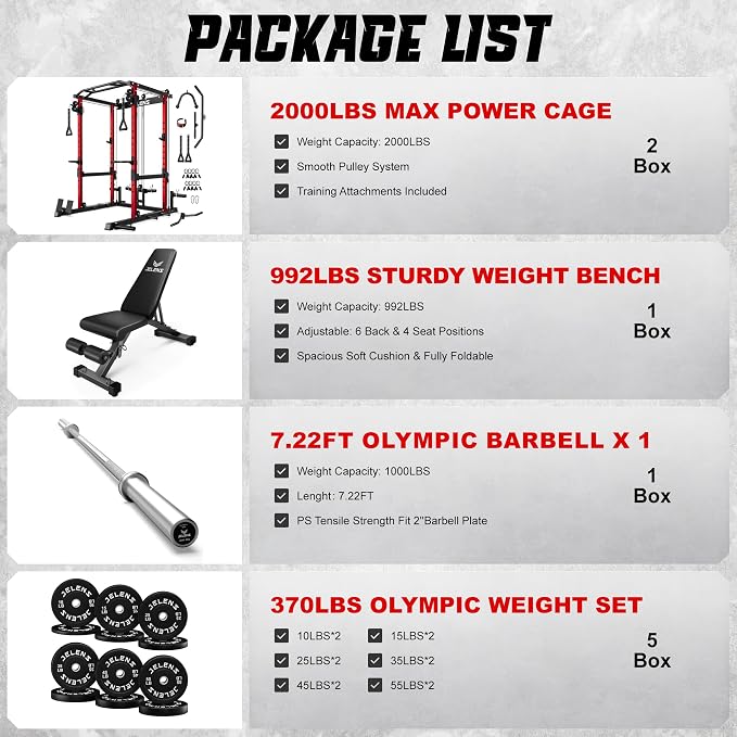 JELENS C12 Power Rack, 2000LBS Squat Rack with Cable Crossover System, Workout Cage with More Training Attachments for Home Gym
