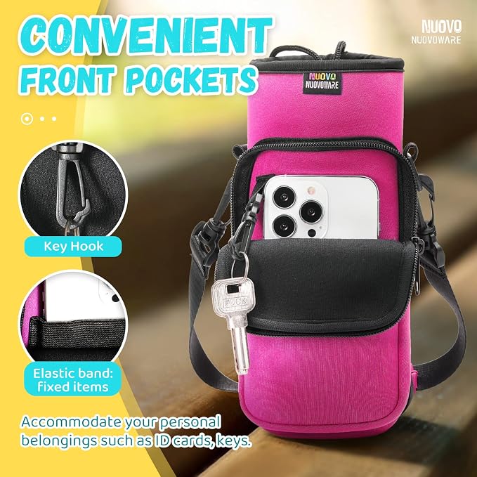 Nuovoware Water Bottle Carrier Bag, 25oz/32oz, Plum Red | Adjustable Shoulder Hand Strap, 2 Pocket, Neoprene Sleeve, For Hiking Travelling Camping