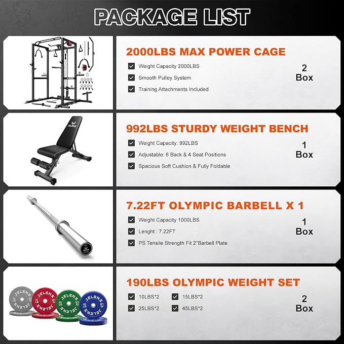 JELENS S21 Power Cage, Multi-Function Power Rack with Adjustable Cable Crossover System, 2000LBS Squat Rack for Home Gym with More Training Attachments