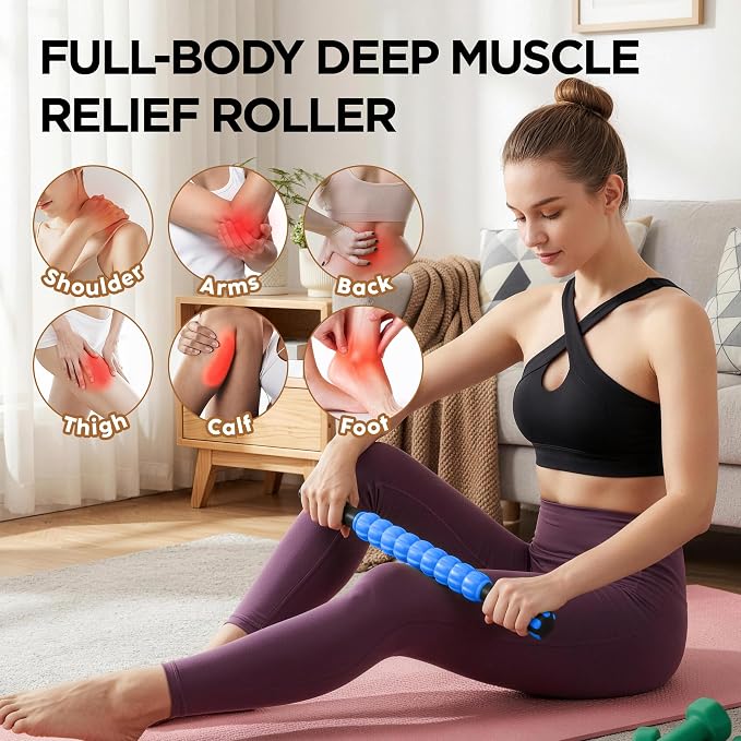 Muscle Roller & Massage Roller Stick for Athletes - Lymphatic Drainage Support, Relieves Muscle Soreness, Cramping & Tightness - Targets Legs, Arms, Back & Calves （Blue Wheel）
