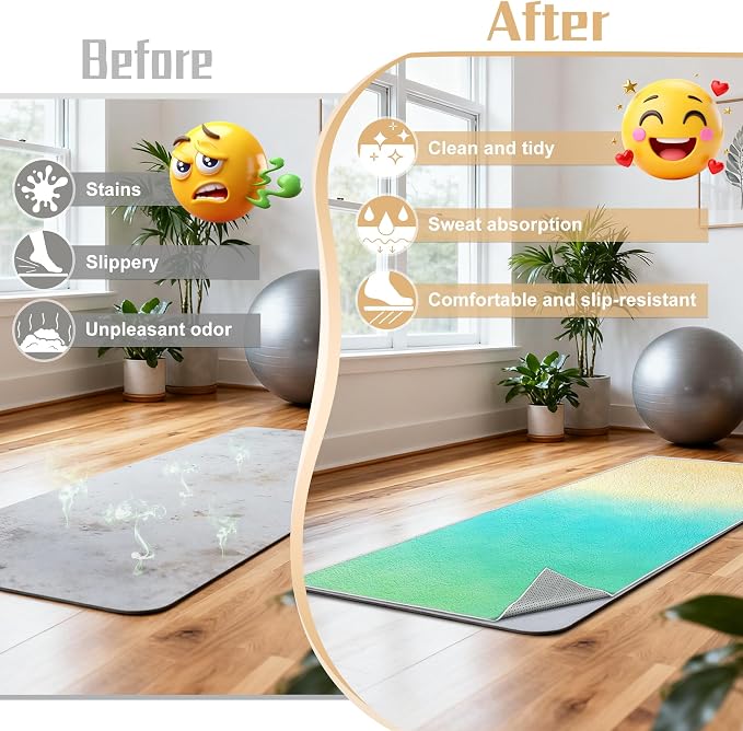 Yoga Mat Towel Non Slip Ultra-Absorbent Hot Yoga Towel, Super Stylish Printed Sweat Hot Yoga Towel, Ideal for Home, Workouts, Pilates, Yoga, 72 x 27in, Green & Yellow