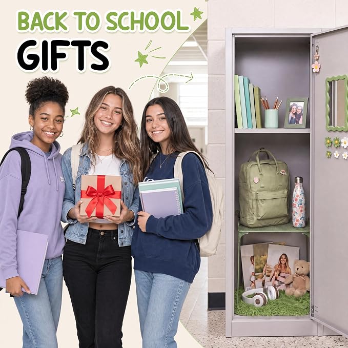 RattanView 10 Pcs Locker Accessories Kit Magnetic Acrylic Mirror Plush Rug Small Comb 6 Flower Magnet Locker Organizer for Back to School Teen Student Girl Office Work Lockers Decoration Gift(Green)