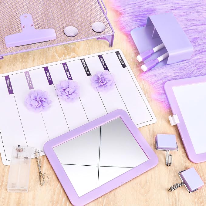 17 PCS Locker Accessories for Girls Locker Decoration Kit with Shelf Magnetic Mirror Whiteboard Pen Holder Rug Wallpaper Lights Lockers Organizer Set for School Dorm Gym Office (Purple)