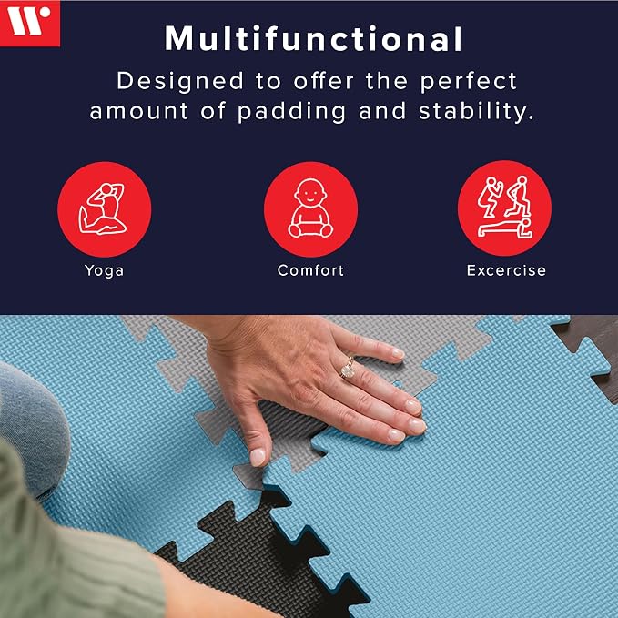 We Sell Mats 3/8" Thick Multipurpose EVA Foam Exercise Floor Mat, 12"x12" Interlocking Kid-Friendly Tiles, Anti-Fatigue for Home, Gym, Playpens, Classrooms