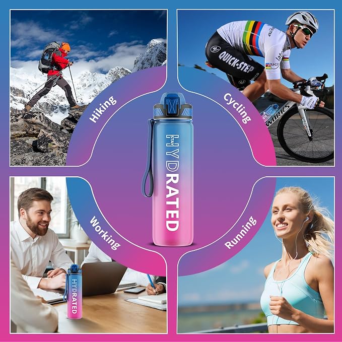 QLUR Water Bottle with Straw, 32oz Motivational Water Bottles with Time Marker to Drink, Tritan BPA Free, 1L Sports Water Bottle with Carry Strap LeakProof for Women Gym Fitness Outdoor (1 Pack)