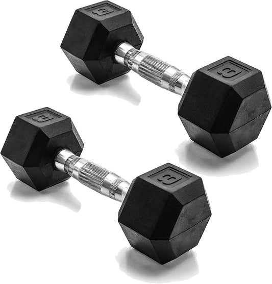 CAP Rubber Coated Dumbbell Weights, Free Weights for Home Gym Strength Training, Anti-Roll Hex Dumbbells with Black, Chrome & Comfort Grip Handles, Pairs & Sets