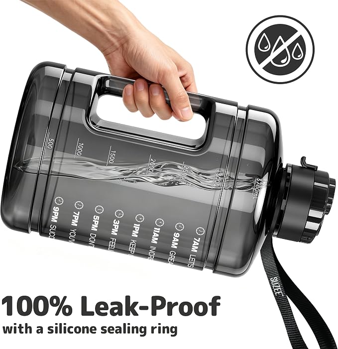 1 Gallon Water Bottle, Water Jug with Time Marker & Straw & Handle,2 Lids | BPA Free,Gallon Water Jug, Half Gallon water Bottle for Sport Gym Camping Workout Outdoors Yoga (Clear Black)
