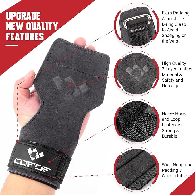 Weight Lifting Wrist Strap, Double-Layer Leather for Deadlift Powerlifting | Gym Strap with Adjustable Neoprene Padded Fit for 6.3–8 Inch Wrist, 8.07-Inch Leather Strap, Gym Workout Lifting Hook (Pair)