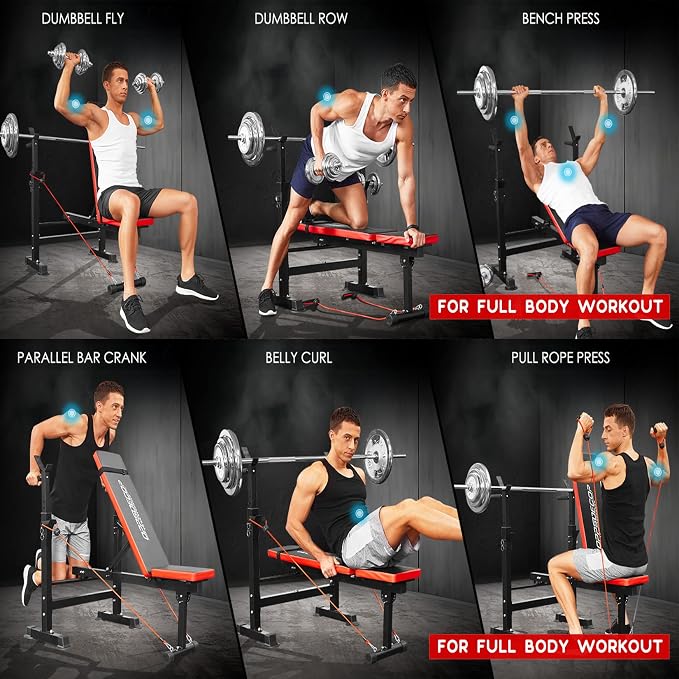 OPPSDECOR 900LBS Weight Bench Set for Home Gym, 6-in-1 Foldable Bench Press Set with Leg Extension, Leg Curl, Preacher Curl Pad, Barbell Rack, Squat Rack for Full Body Workout, Strength Training