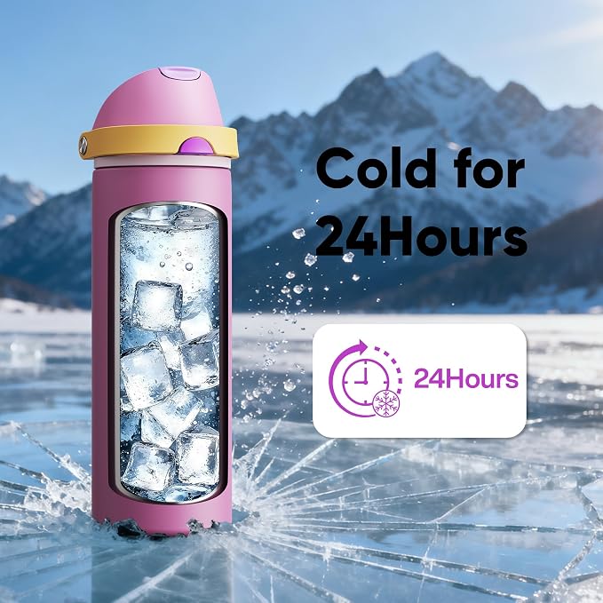 Insulated Water Bottle with Straw - Encool Stainless Steel Water Bottle with Push Button Lid, Leak-Proof & BPA-Free, Keeps Cold for 24 Hours for Sports, Travel, Gym (24 oz, Light Orchid-Fuchsia)