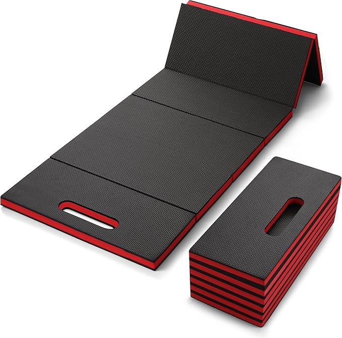 Folding Kneeling Pad, 1 Inch Thick Compact Mechanic Mat, Red | 47.24 x 15.74 Inch 6-Panel Firm Foam Pad with Carry Handle, Water-Resistant Textured Surface for Garage and DIY Work