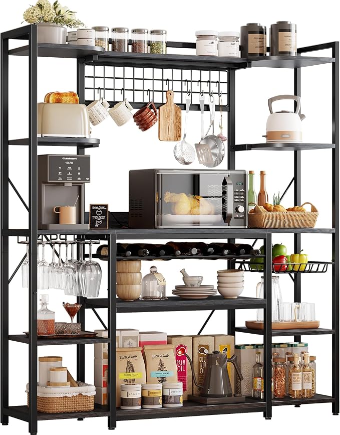 IRONCK 62.4-Inch Bakers Rack with Power Outlets and Wine Storage | 62.4-inch wide bakers rack combines 5 shelves, 3 AC outlets, a wine rack, basket, and S-hooks.