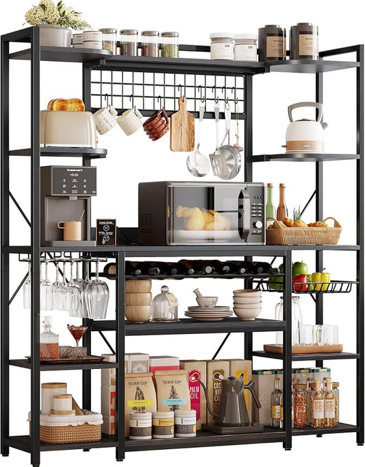 IRONCK 62.4-Inch Bakers Rack with Power Outlets and Wine Storage | 62.4-inch wide bakers rack combines 5 shelves, 3 AC outlets, a wine rack, basket, and S-hooks.