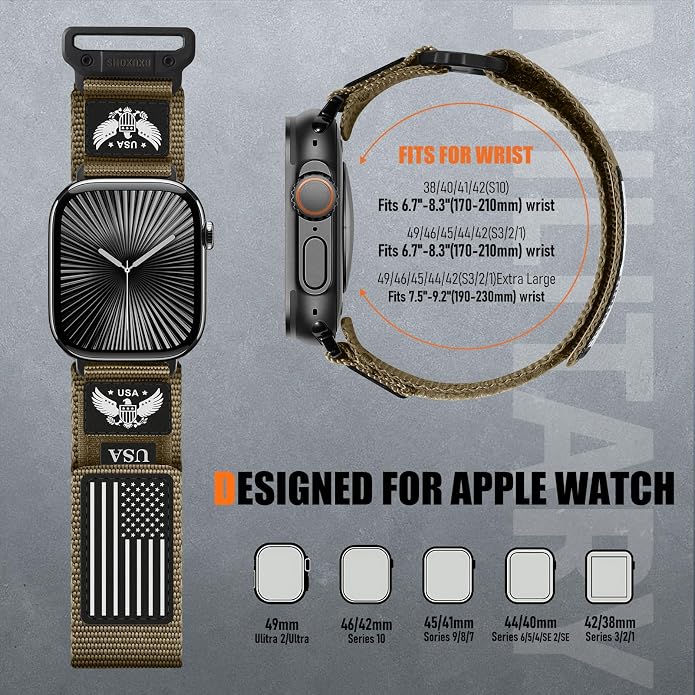 Rugged Nylon- Compatible with Apple Watch Ultra 3/ Ultra 2 Band 49mm Men,Tactical Soft Woven Stars- Stripes Flag Sport Strap for iWatch Bands 46mm 45mm 44mm 42mm Series 11 10 9 8 7 6 5 4 3 2 1 Se