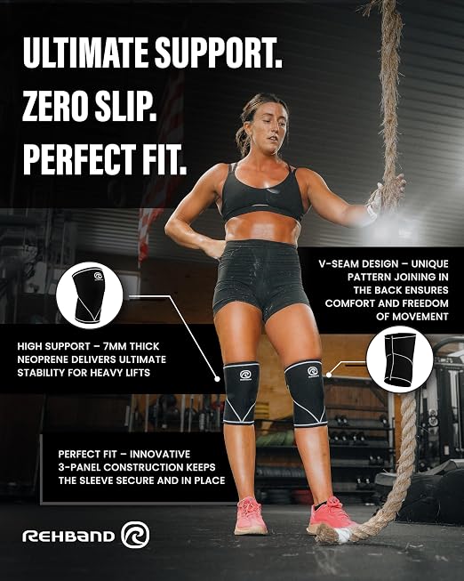 Rehband Classic 7mm V Knee Sleeve for Weightlifting, Competition Grade Powerlifting Knee Sleeve, Compression Sleeve for Crossfit, Squats, Gym & Heavy Lifts, Colour:Carbon/Black - 1 Pair, Size:Medium