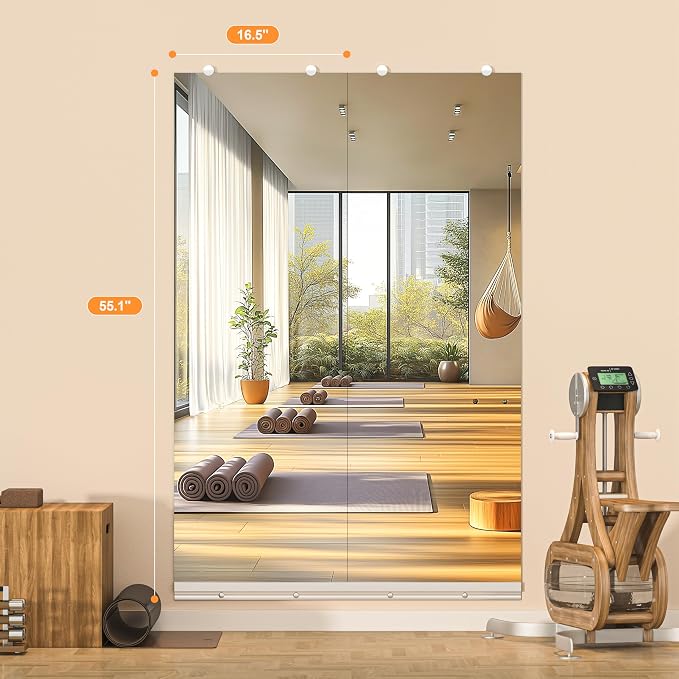 Hasipu Home Gym Mirror, 55"x17" Each, 2-Pack Frameless Wall Mounted Mirrors with Glass Clamps & 1 Aluminum Rail, Large Body Mirror for Home Gym, Yoga Studio, Bedroom, Silver Tempered Glass