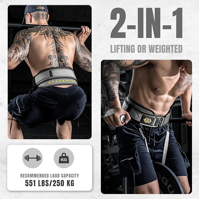 MANUEKLEAR 2-in-1 Weightlifting Belt & Dip Belt with 36.7 IN Rope, Double-Layer Weight Lifting Belts, Powerlifting Gym Weighted Belt for Pull Up Squat