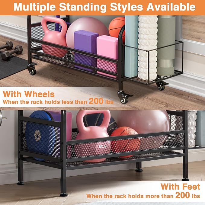 Lauren&Harold 56'' Taller Home Gym Storage Organizer with Hanging Board | Yoga Mat Storage Rack Exercise Workout Equipment Storage Stand with Hooks , Dumbbell Holder Kettlebell Rack with Wheels/Feets