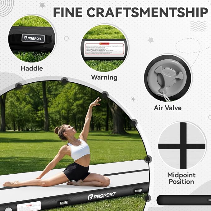 FBSPORT 6.6ft/10ft/13ft/16ft/20ft Inflatable Air Gymnastics Training Mat | 4/6/8 inches Thickness Inflatable Mat, with Electric Pump, Suitable for Home Training/Cheerleading/Yoga/Water
