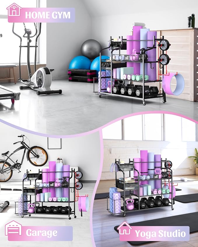Mythinglogic Home Gym Storage Rack with Wheels for Dumbbells and Yoga Mats | Versatile storage with shelves, hooks and side holders for kettlebells, foam rollers, bands, weight plates and gym gear