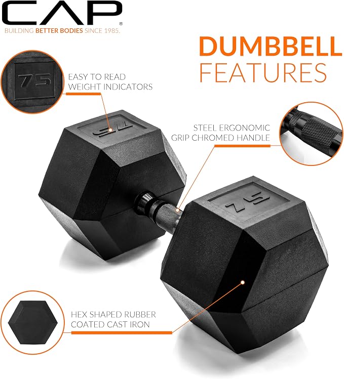 CAP Rubber Coated Dumbbell Weights, Free Weights for Home Gym Strength Training, Anti-Roll Hex Dumbbells with Black, Chrome & Comfort Grip Handles, Singles