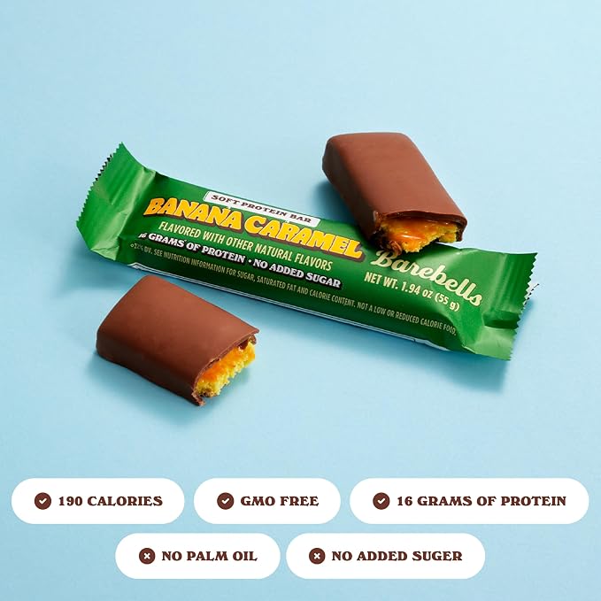 Barebells Soft Protein Bars Banana Caramel - 12 Bars (1 pack of 12) - Protein Snacks with 16g of High Protein - Fluffy Chocolate Treat with 2g of Total Sugars - Soft Protein Snack & Breakfast Bars