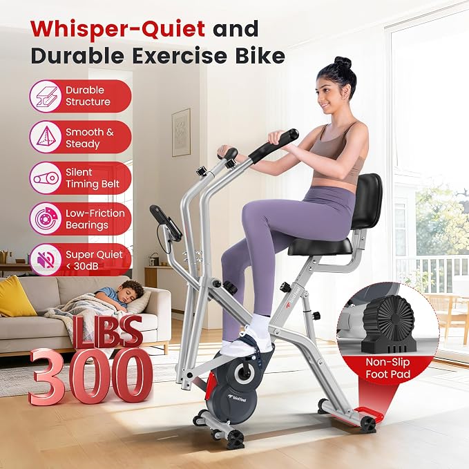 Foldable Exercise Bike, 8-Level Magnetic Stationary Bike for Home Gym | Quiet Indoor Workout Bike with Arm Resistance Bands, LCD Monitor, and 300 LBS Capacity for Full-Body Cardio Training