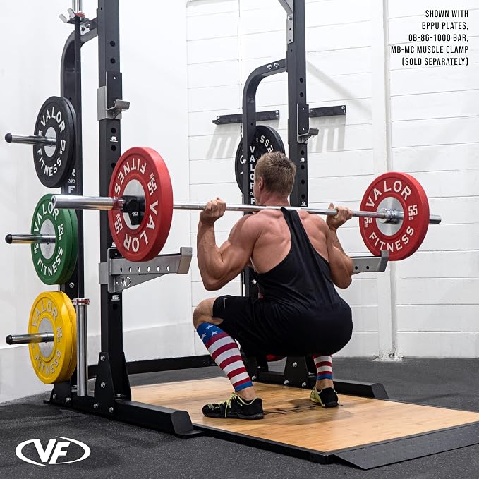 Valor Fitness Half Rack Squat Machine - 5 Position Multi-Grip Pull Up Station - Adjustable Height, Plate Storage, Bar Storage and Resistance Band Pegs – 750lbs.- Optional Weightlifting Platform Bundle