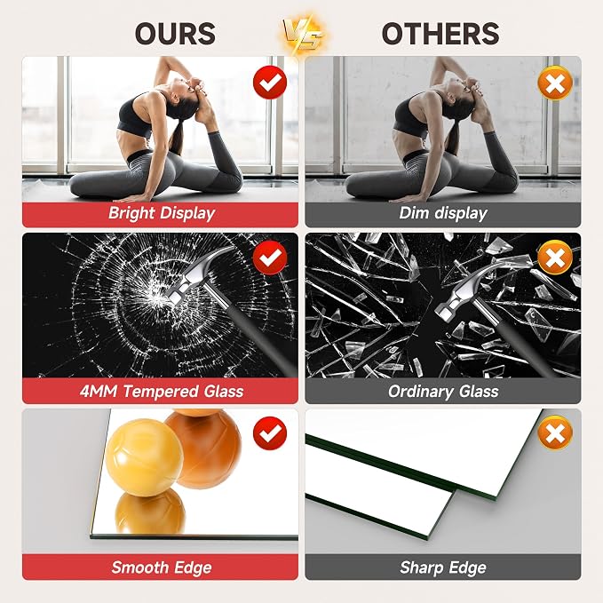 48" x30” 2 Pack Home Gym Mirrors, Large HD Frameless Tempered Glass, Full Body Wall Mount Mirrors for Home Gym, Yoga, Dance Studio, Workout, Silver Clamp Rail