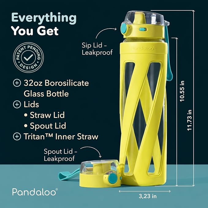 Pandaloo® Orbit 32 oz Glass Water Bottle with 2 Leak-Proof Lids (Straw & Spout), Wide Mouth, Borosilicate Glass, BPA-Free, Cup Holder Friendly for Gym, Work, Travel & Daily Hydration- Lime Glow